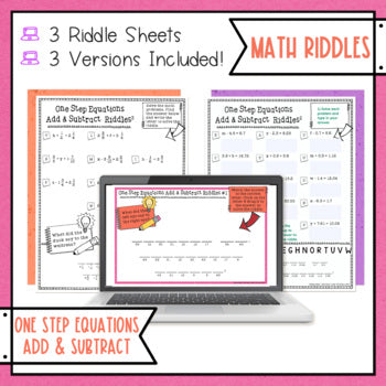 Solving One Step Equations Addition and Subtraction Math Riddles Print & Digital