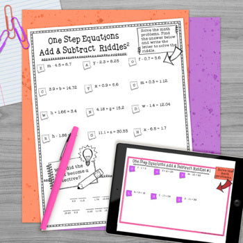 Solving One Step Equations Addition and Subtraction Math Riddles Print & Digital