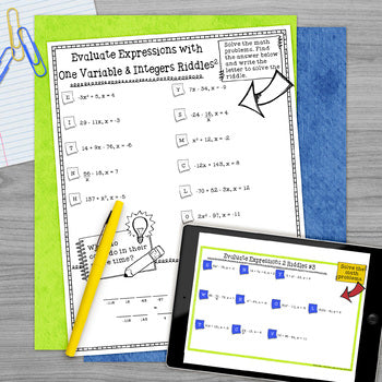Expressions 3 Bundle with One and Two Variables Integers and Linear Expressions