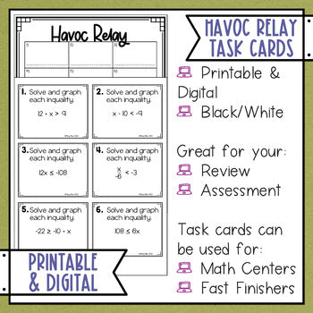 Solving One Step Inequalities Task Cards Havoc Math Relay