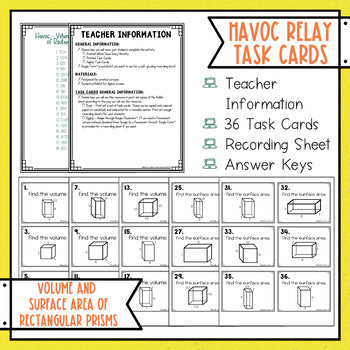 Volume and Surface Area of Rectangular Prisms Task Cards Havoc Math Relay