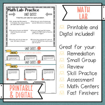 Unit Rates Math Activities Lab - Math Intervention - Sub Plans