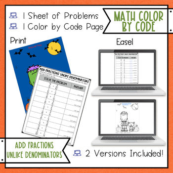 Halloween Adding Fractions with Unlike Denominators Math Coloring Page