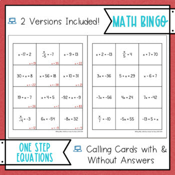 Solving One Step Equations BINGO Math Game