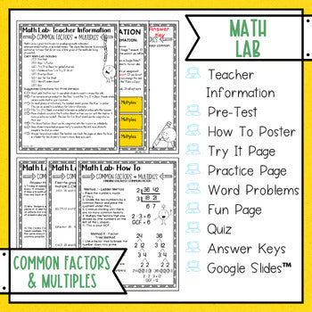 Common Factors and Multiples Math Activities Lab - Math Intervention - Sub Plans