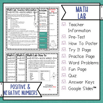 Positive and Negative Numbers Math Activities Lab - Math Intervention - Sub Plan