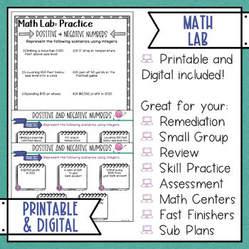 Positive and Negative Numbers Math Activities Lab - Math Intervention - Sub Plan