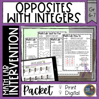 Opposites with Integers Math Activities Lab - Math Intervention - Sub Plan