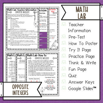 Opposites with Integers Math Activities Lab - Math Intervention - Sub Plan