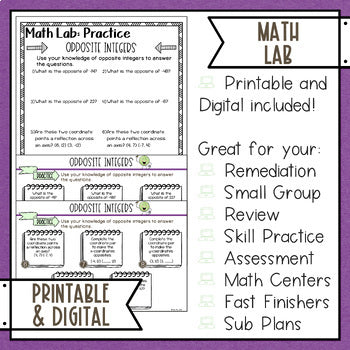 Opposites with Integers Math Activities Lab - Math Intervention - Sub Plan