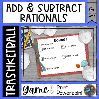 Add and Subtract Rational Numbers Trashketball Math Game with 5 game rounds including 4-5 questions per round