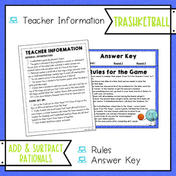 Add and Subtract Rational Numbers Trashketball Math Game with 5 game rounds including 4-5 questions per round