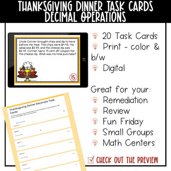 Thanksgiving Math Decimal Task Cards