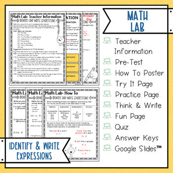 Identify & Write Expressions Math Activities Lab - Math Intervention - Sub Plans