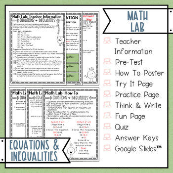 Equations and Inequalities Math Activities Lab - Math Intervention - Sub Plans