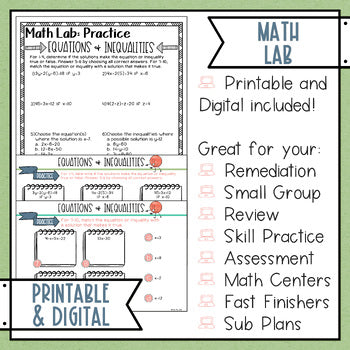 Equations and Inequalities Math Activities Lab - Math Intervention - Sub Plans