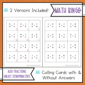 Adding Fractions Unlike Denominators BINGO Math Game
