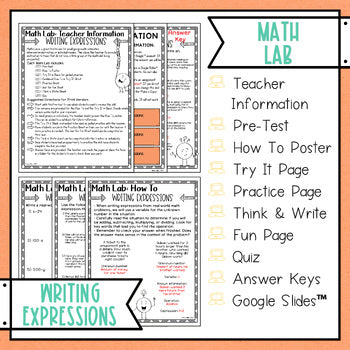 Writing Expressions Math Activities Lab - Math Intervention - Sub Plans