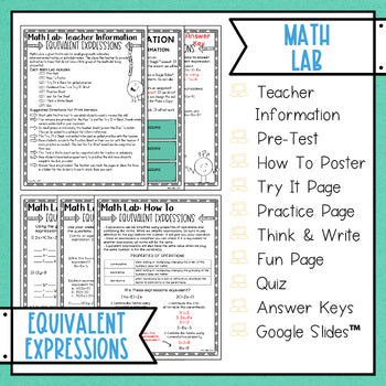 Equivalent Expressions Math Activities Lab - Math Intervention - Sub Plans