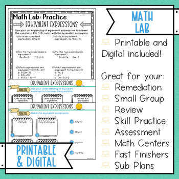 Equivalent Expressions Math Activities Lab - Math Intervention - Sub Plans