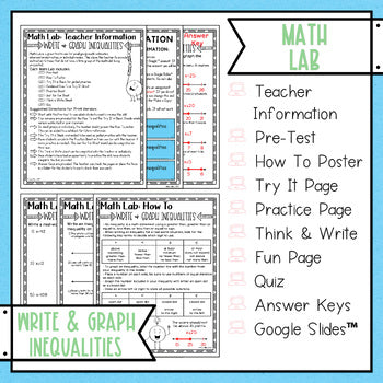 Write and Graph Inequalities Math Lab Intervention Packet Teacher Info, PreTest, Quiz, Answers and More