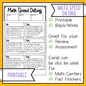 Rationals Word Problems 2 Math Speed Dating Positives & Negatives - Task Cards