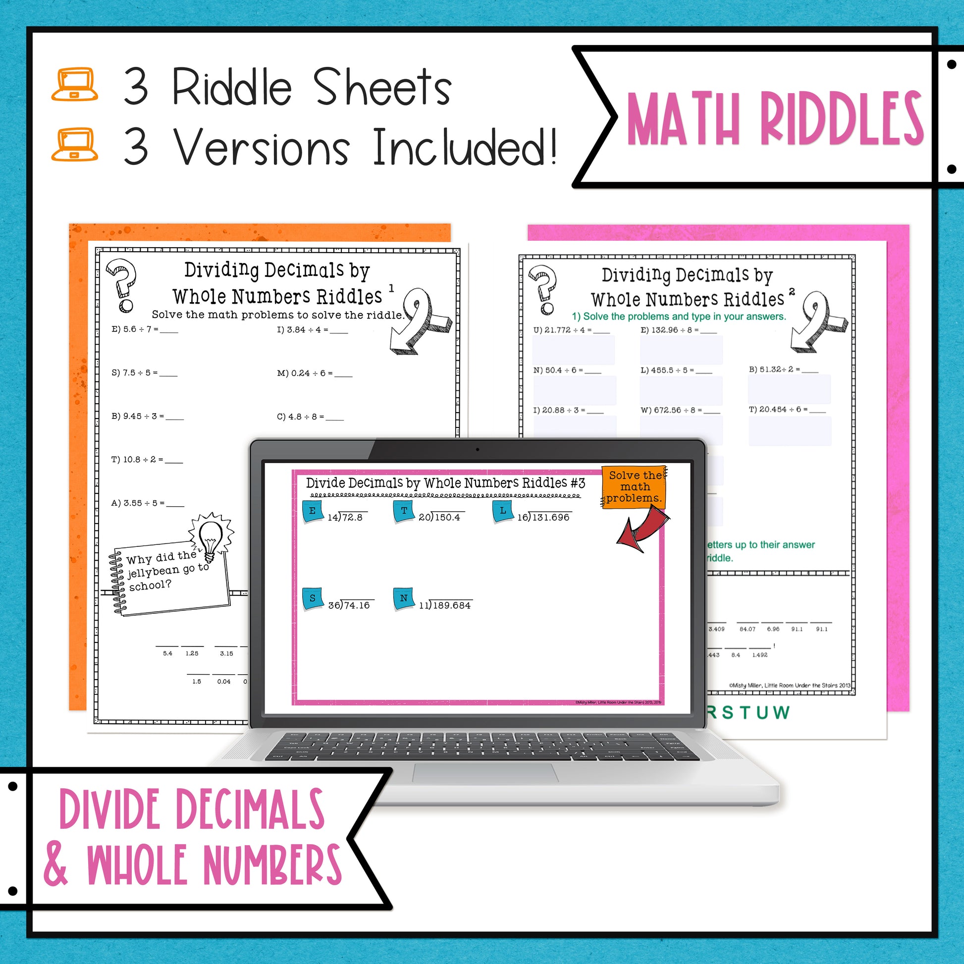 Dividing Decimals by Whole Numbers Math with Riddles including decimals to the tenths, hundredths, and thousandths