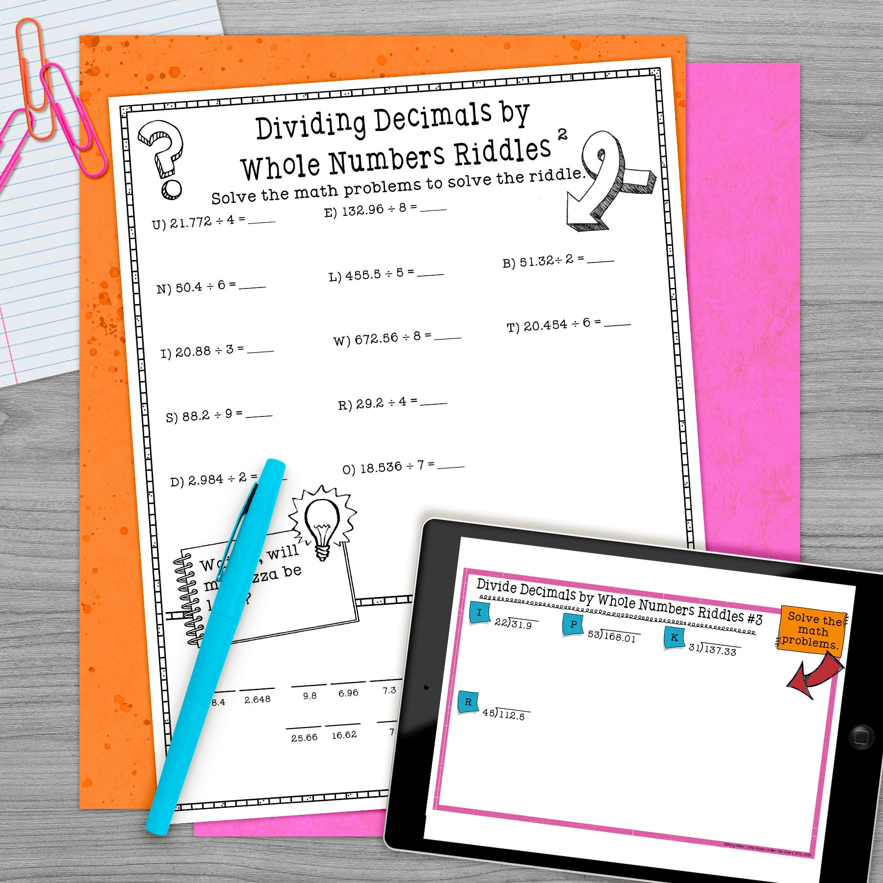 Dividing Decimals by Whole Numbers Math with Riddles including decimals to the tenths, hundredths, and thousandths