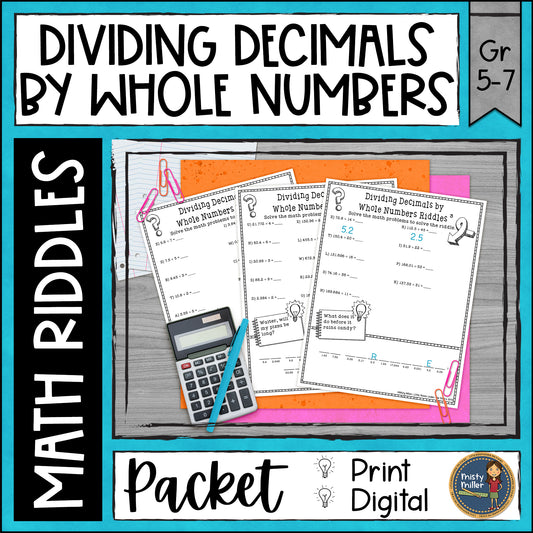 Dividing Decimals by Whole Numbers Math with Riddles including decimals to the tenths, hundredths, and thousandths