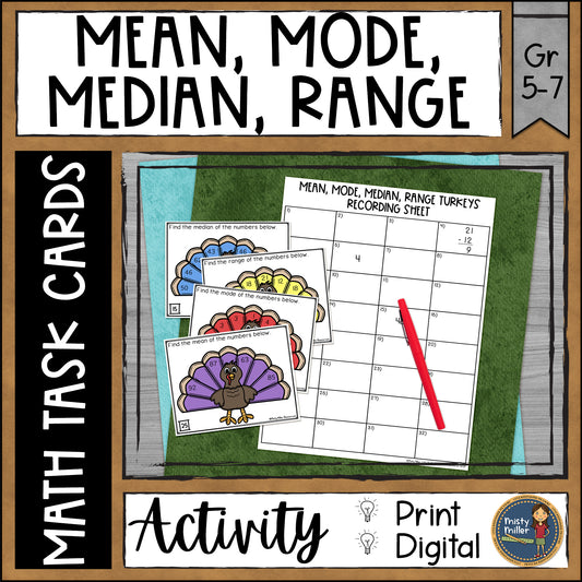 Mean Median Mode Range Task Cards - Thanksgiving