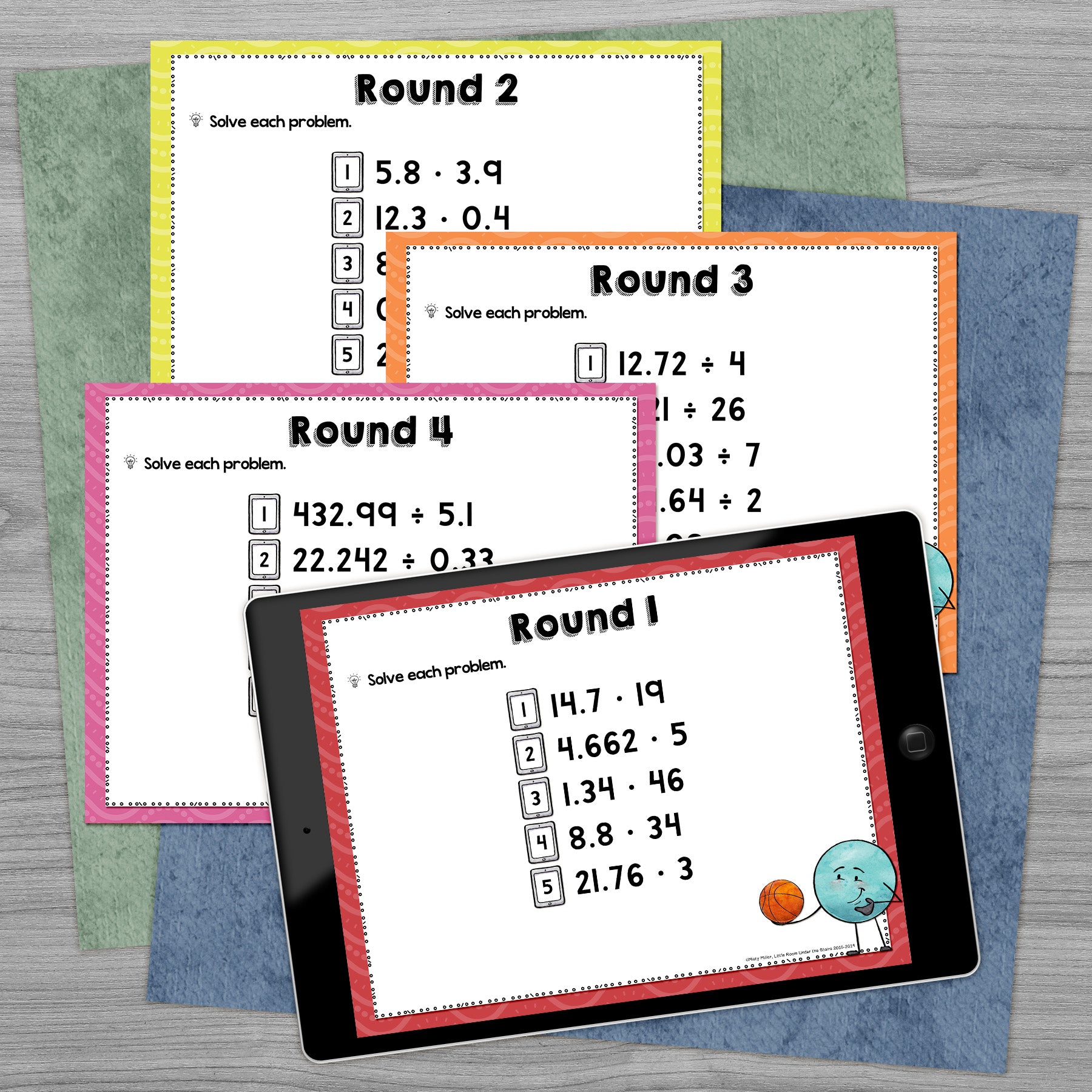 Multiplying & Dividing Decimals Trashketball Math Game with 4 game rounds