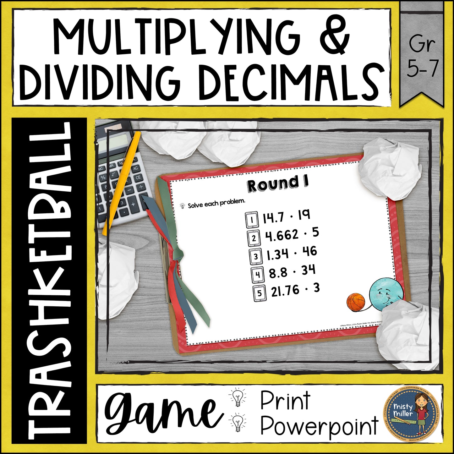 Multiplying & Dividing Decimals Trashketball Math Game with 4 game rounds