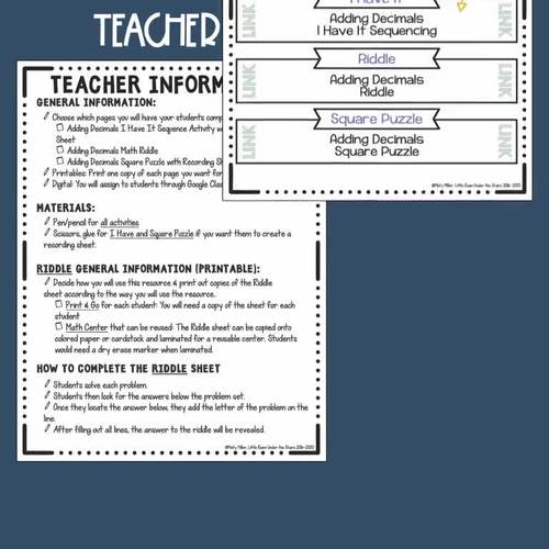 Adding Decimals Math Activities Puzzles and Riddle - Digital and Print