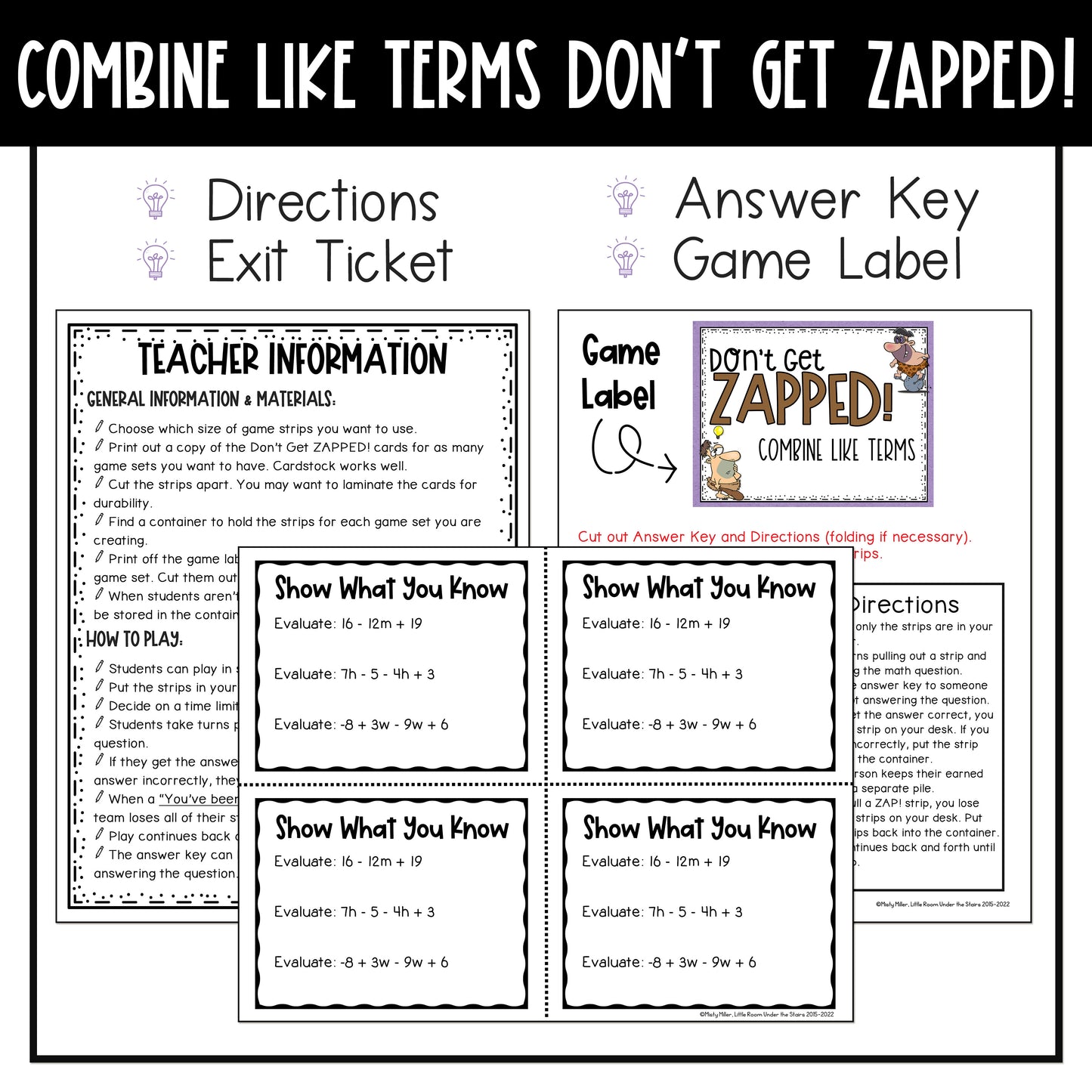 Combine Like Terms Don't Get ZAPPED Math Game