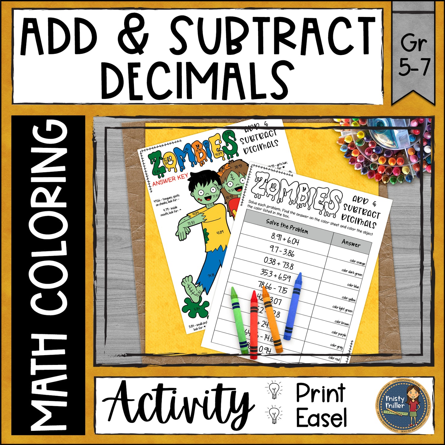 Halloween Math Adding and Subtracting Decimals Coloring Page Zombie